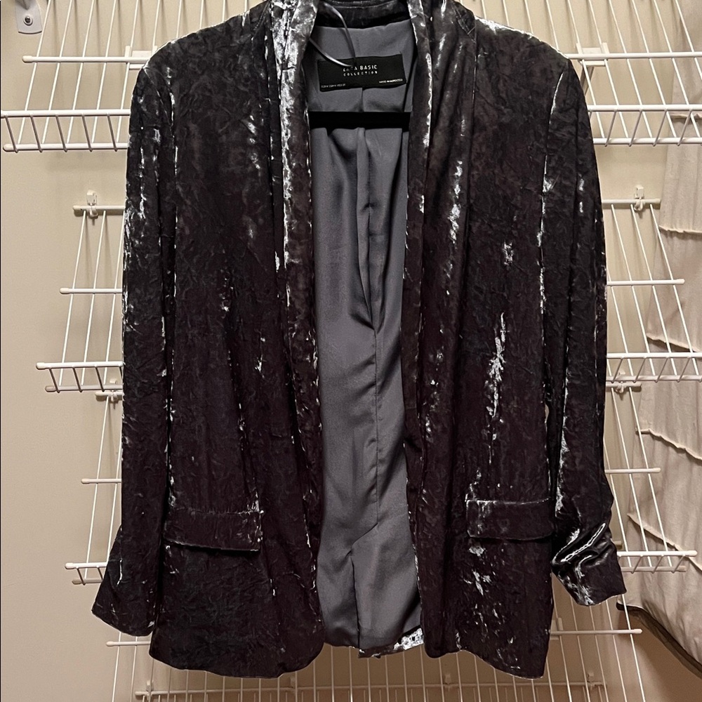 Zara Gunmetal Crushed Velvet Blazer